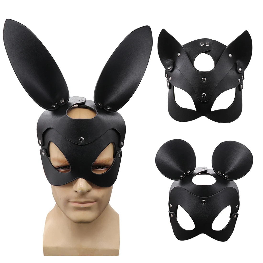 

Bunny Mask Cosplay Punk Spiked Leather Cat Mouse Headgear Masquerade Dance Party Pvc Half Face Helmet Halloween Accessory Prop