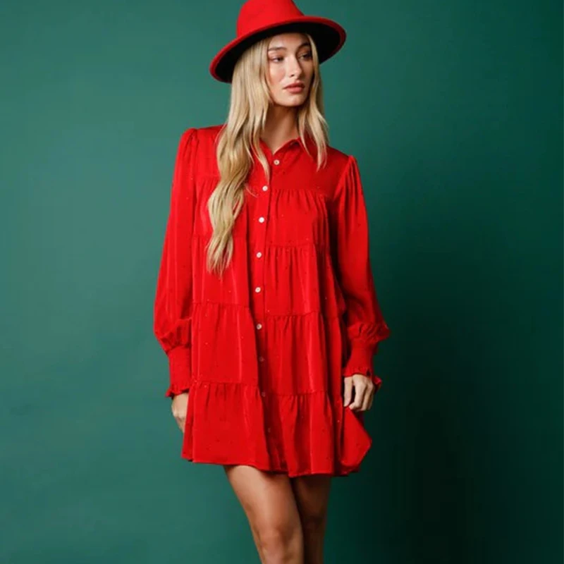 

Solid Loose Style Tiered Mini Dress Long Sleeves Button Up Smocked Frilled Cuffs For Both Daily And Festive Holiday