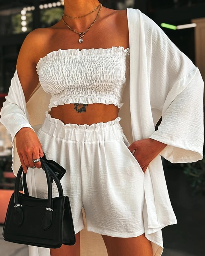 

Women's 3PC Suit Set Solid Shirred Frill Hem Bandeau Sleeveless Crop Top and Pocket Design Shorts Set With Long Sleeve Coat
