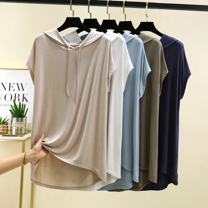 Summer Women's Loose Casual Modal ort Sve T-irt Hooded Mid-Length Thin Top Large Size Base irt Outerwear