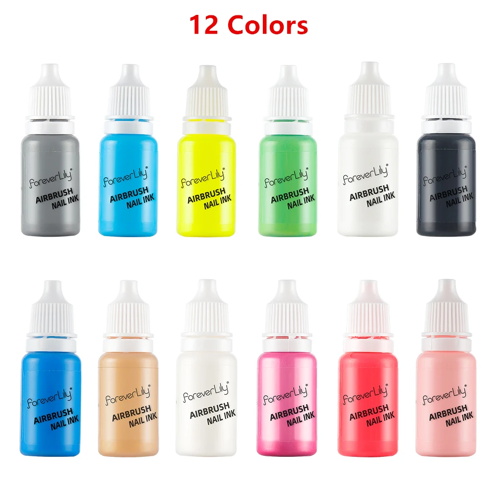 12Colors/Set 10ML Nail Ink Matte Black Pearl White Nail Polish Paint Use For Airbrush Nail Color Painting Nail Art DIY Gradient ophir pro 12 colors airbrush nail inks 10 ml bottle acrylic water paint ink pigments airbrush nail art tool ta098 1 12