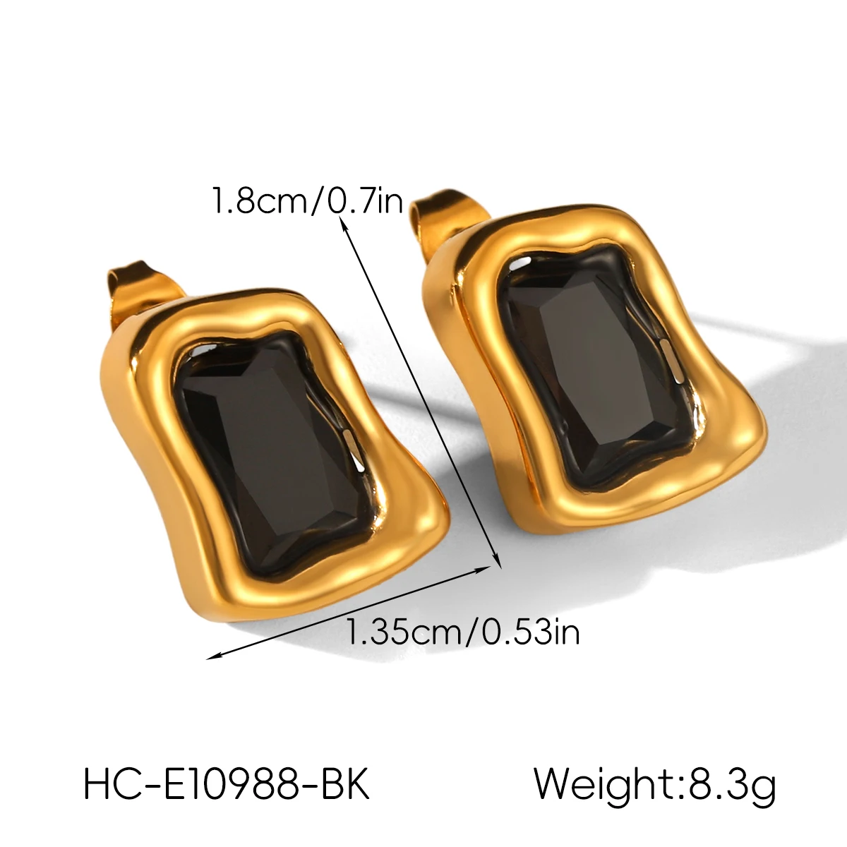 18K Vergoldete Rechteckige Stein-Ohrstecker für Damen Stahl Grün Schwarz Edelstein Vintage Minimalistisch Wasserdicht Anlauffreier Schmuck – Detail 3