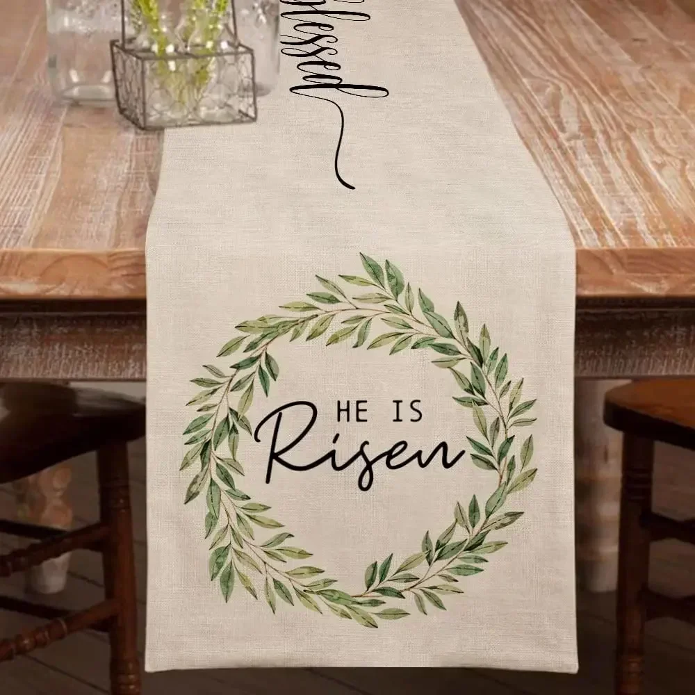 Easter He Is Risen Linen Table Runner Wedding Decoration Spring Dining   Farmhouse Theme Gathering Party 3