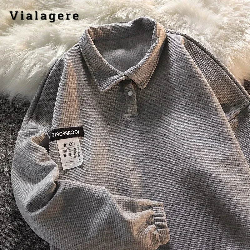 

American Fashion Casual Vintage Style Long Sleeve Grey Sweatshirts 2023 Winter Women's Retro Pullovers Turn Down Collar Top