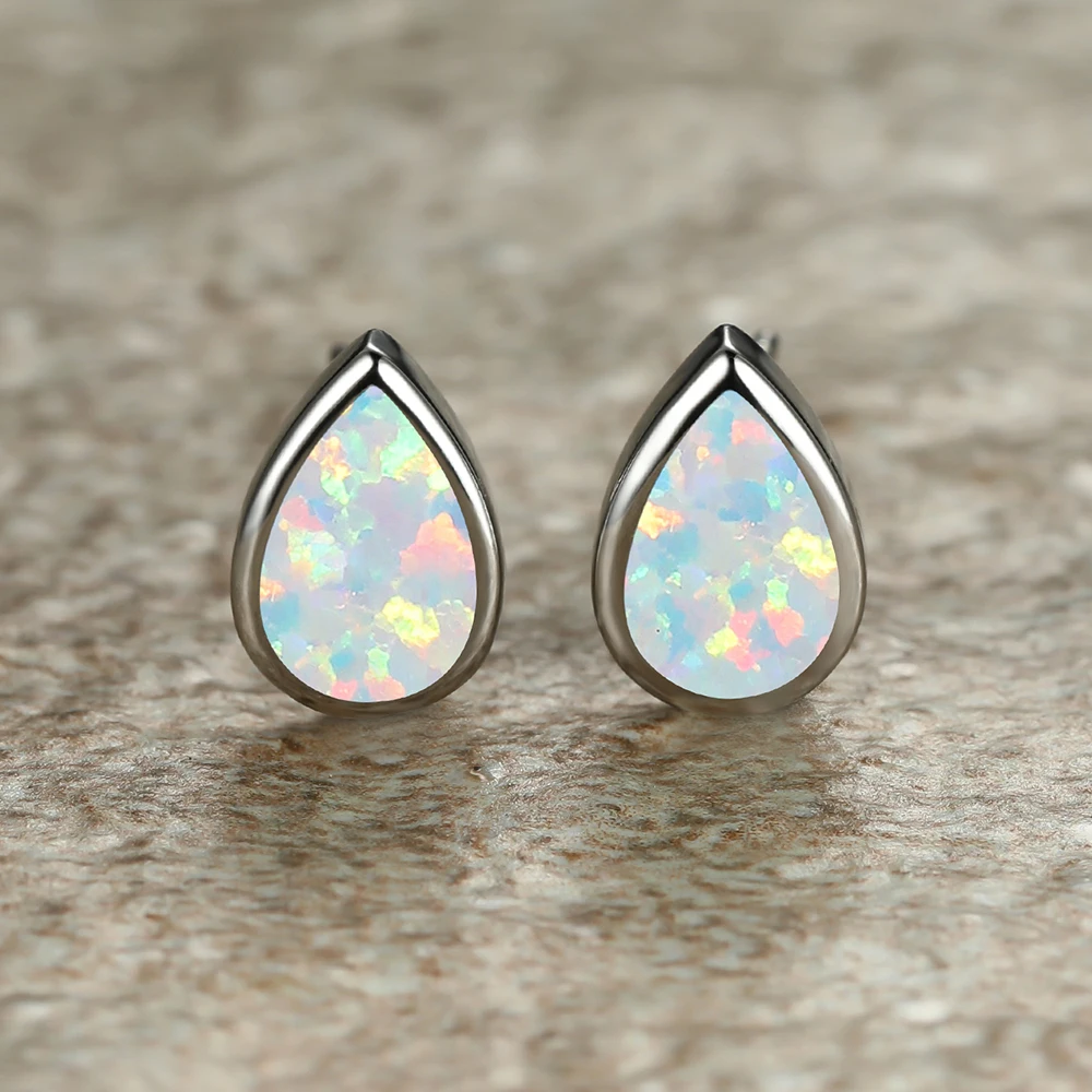 White Blue Opal Water Drop Stone Small Stud Earrings Fashion Silver Color Pear Cut Birthstone Wedding Jewelry For Women