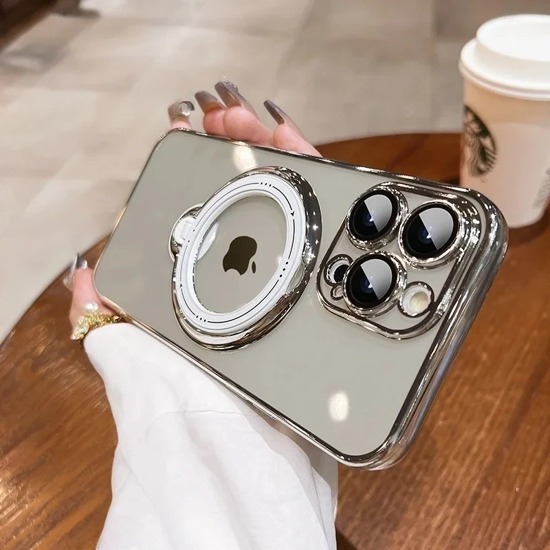 thumbnail image 1 of Transparent Plating Luxury Standing Holder Magnetic Case For iPhone 15 Plus 14 13 12 11 Pro Max For Magsafe Ring Bracket Cover, 1 of 5
