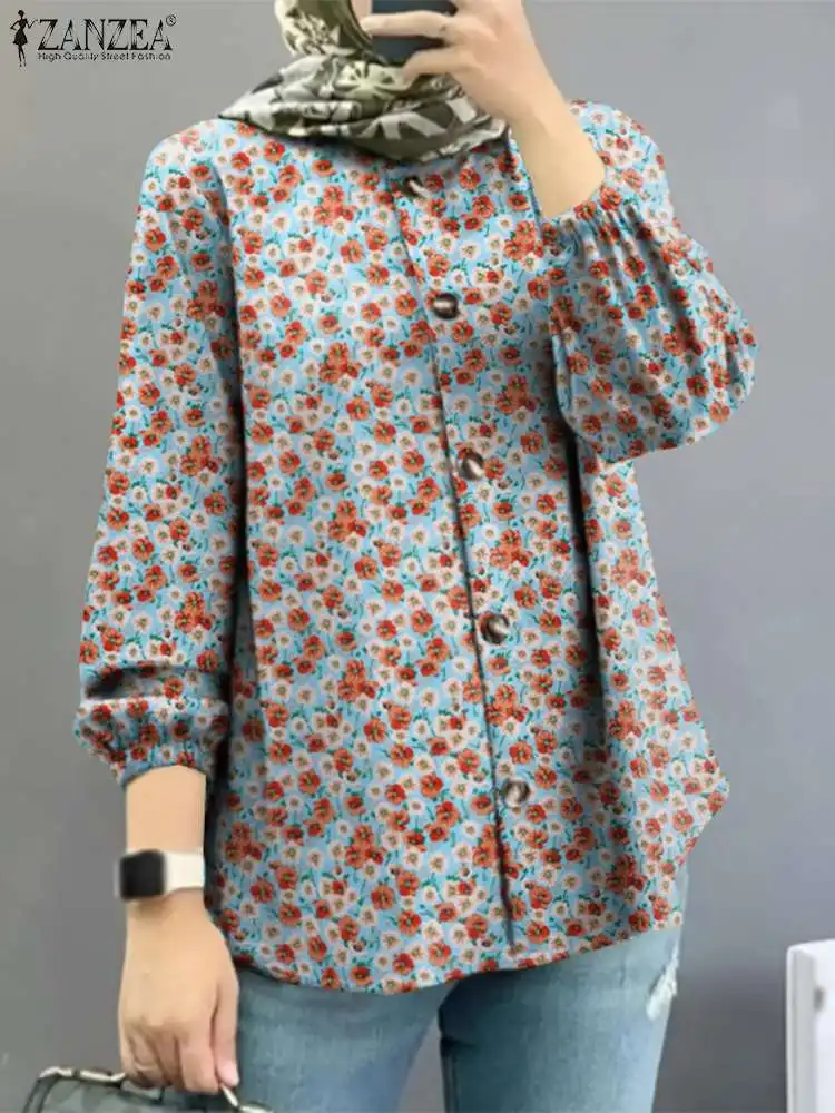 

ZANZEA Fashion Puff Sleeve Muslim Blouse Woman Floral Printed O-Neck Tops Elegant Abaya Shirt Casual Party Chemise Oversized