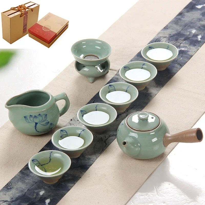 1pc Hand-painted open slice ice cracked rough pottery cup, Japanese master green glaze lotus tea cup, kung fu tea set