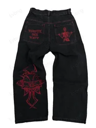Hip Hop Y2K Jeans Mens  Retro Skull Embroidery Washed Women's Denim Pants New Straight Casual Loose Wide Leg Trouser Streetwear