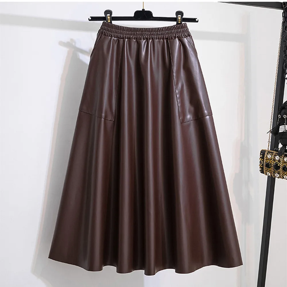 

Faux Leather PU Skirts Pleated A-Line Vintage Midi Skirts Black Coffee Elasti Waist Loose Casual Autumn Winter Skirts