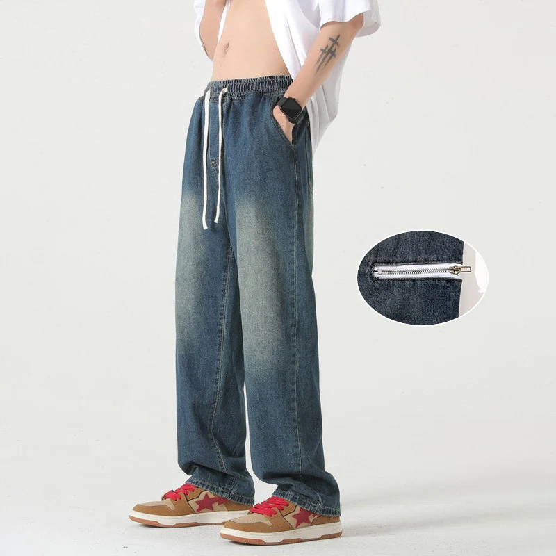 

TFETTERS Summer 2023 Baggy Jeans Vintage Solid Color Straight Fake Zipper Men Jeans American Style Streetwear Daily Men Clothes