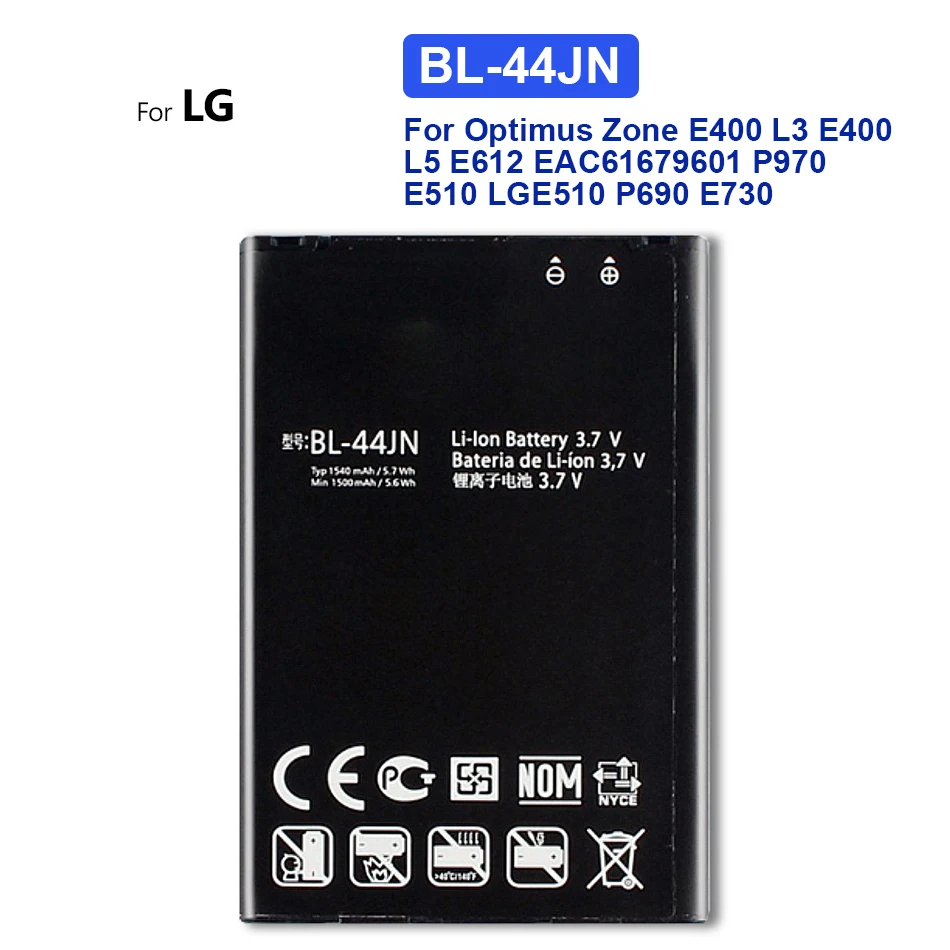 Bl-44Jn Batteria Per Optimus Zone E400 Optimus L3 E400 L5 E612 Eac61679601 P970 E510 Lge510 P690 E730 1500Mah Bl 44Jn + Track Code