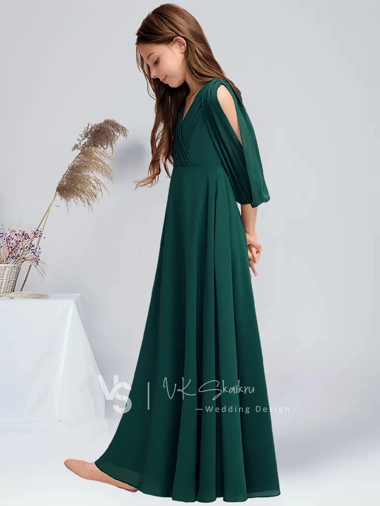 A-line V-Neck Floor-Length Chiffon Junior Bridesmaid Dress With Pleated Dark Green Flower Girl Dress Communion Dress for Juniors