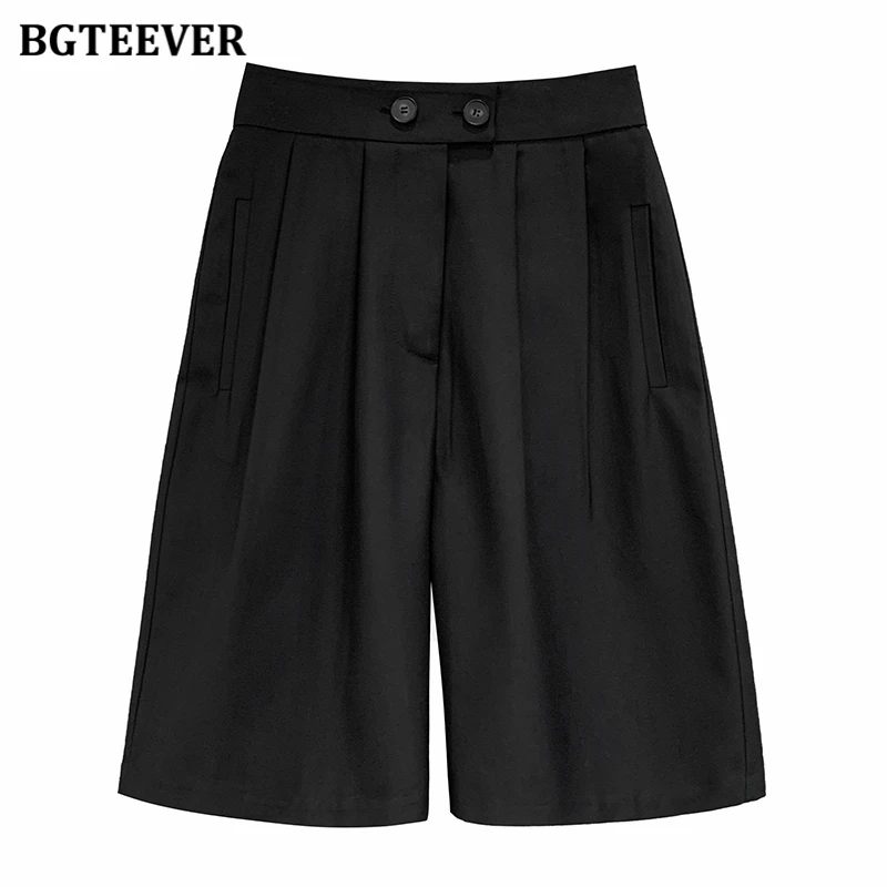 BGTEEVER Casual High Waist Double Button Solid Straight Shorts Women Spring Summer Fashion Ladies Wide Leg Suits Shorts