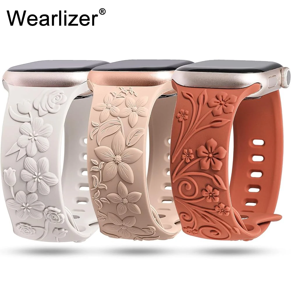 

Wearlizer 3 Pack Engraved Floral Band for Apple Watch Band 49mm 41mm 40mm 38mm 45mm Silicone Strap for iWatch 9/8/7/SE/6/5/4/3/2