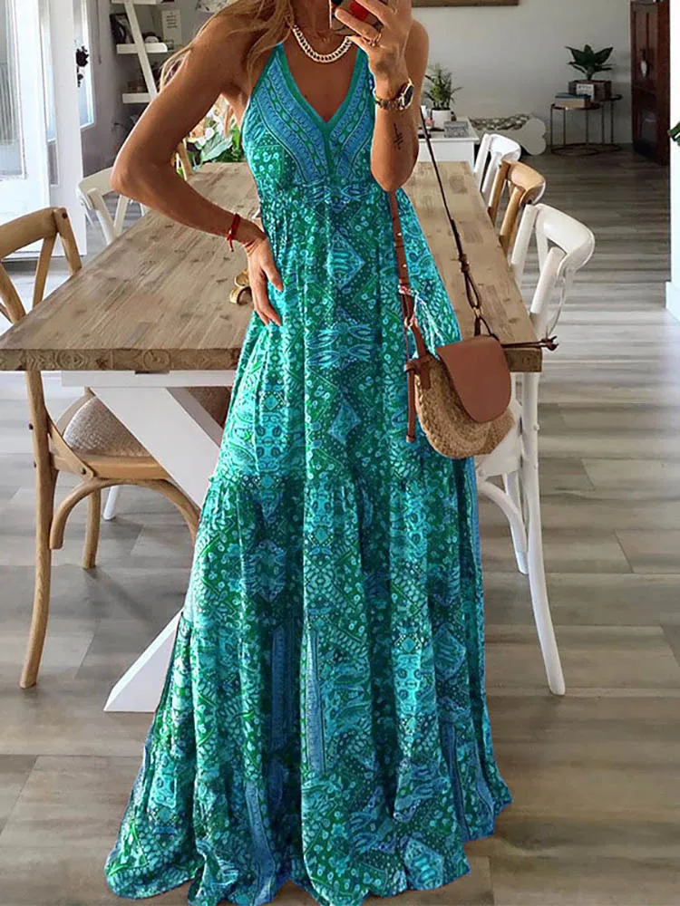 

Spaghetti Strap Dress Women Maxi Bohemian Sundress Feamle Summer Long Beach Dresse Vintage Floral Backless Sexy Vestidos