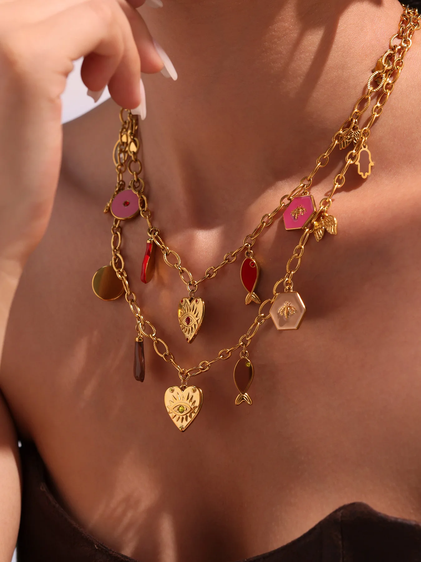 316 Edelstahl vergoldet 18 Karat Herz Anhänger Halskette rosa schwarz Emaille Luxus Zirkon Schmetterling Armband Frauen Schmuck Set – Detail 1