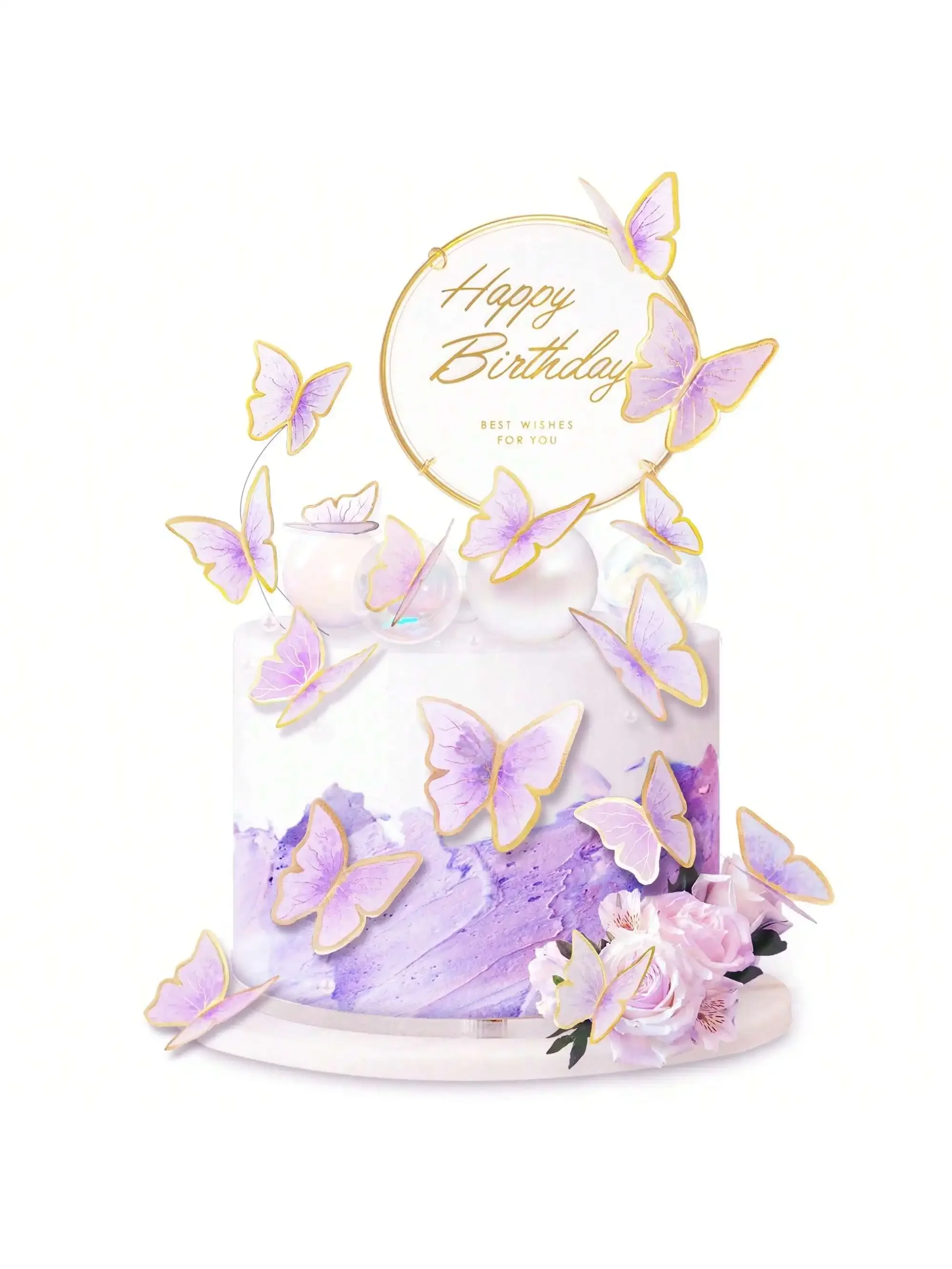 Rosa und lila Schmetterlings-Kuchenaufsätze, 11 Stück Cupcake-Topper, alles Gute zum Geburtstag, Metall-Gold-Topper für Damen-Partydekorationen – Detail 6