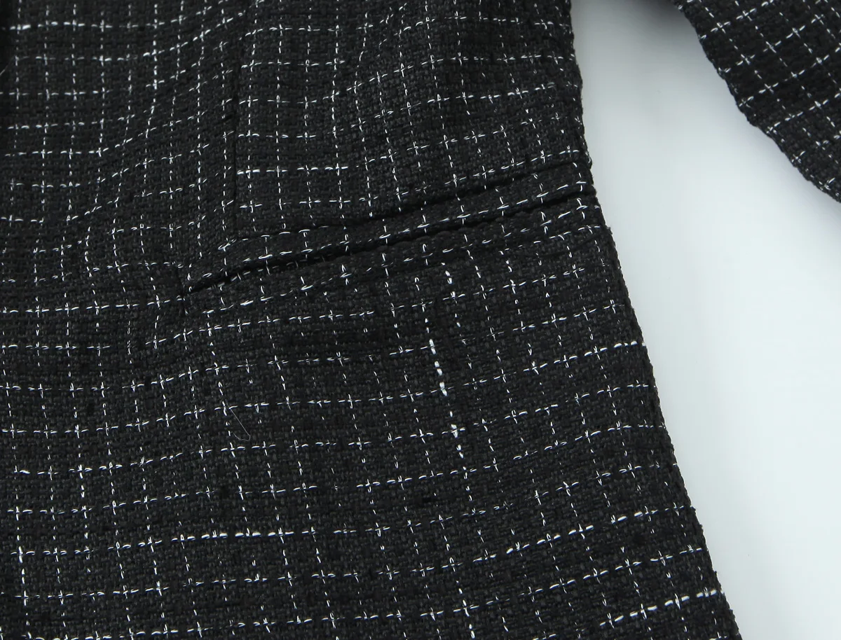 French Style Retro V collar Plaid Woven Tweed Blazer + High Waist Mini Short Skirts Suits 2 pieces 1 Set Black White