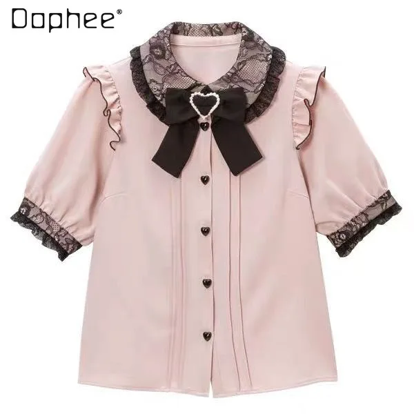 Japanese Style Lolita Ruffles Bow Shirt for Women 2023 Summer New Sweet Polo Collar Short Sleeve Doll Collar Top Blouse Ladies