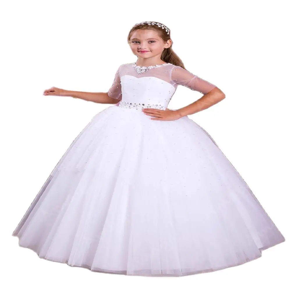 

Amaya White Tulle Puffy First Communion Gowns O Neck Beaded Crystal Pageant Half Sleeves Vestidos Niñas Flower Girl Dresses