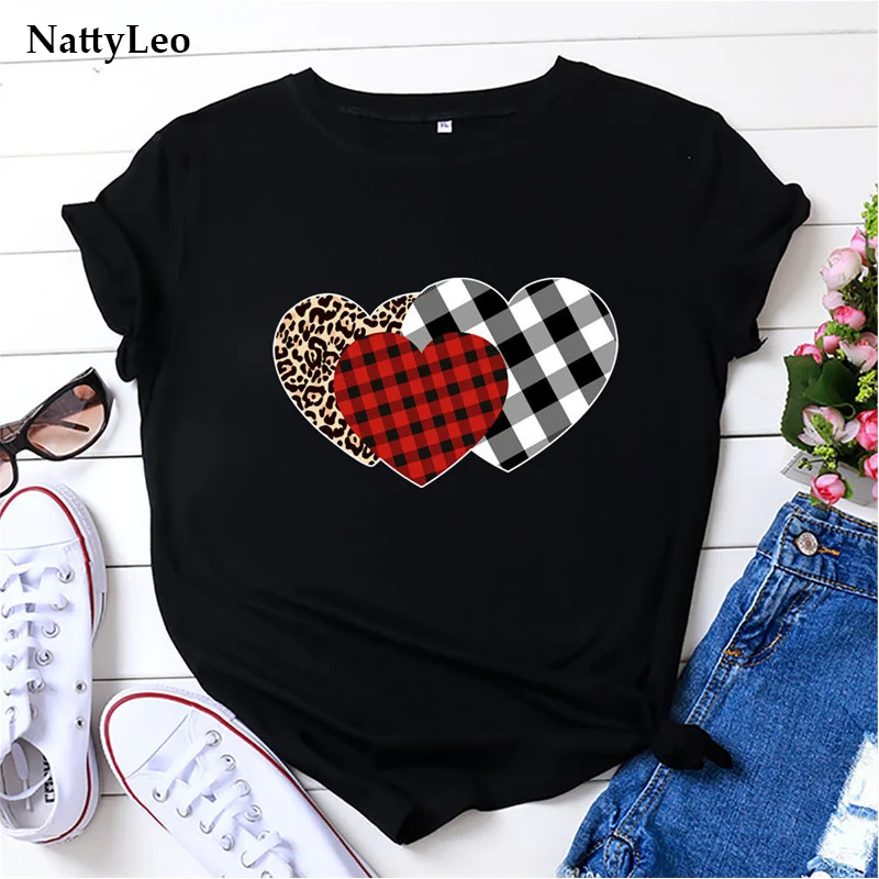 

Oversized Summer T-shirt Stripe Hearts Leopard Print T Shirt Women O Neck Short Sleeve Tshirt Black 100%Cotton Tee Tops