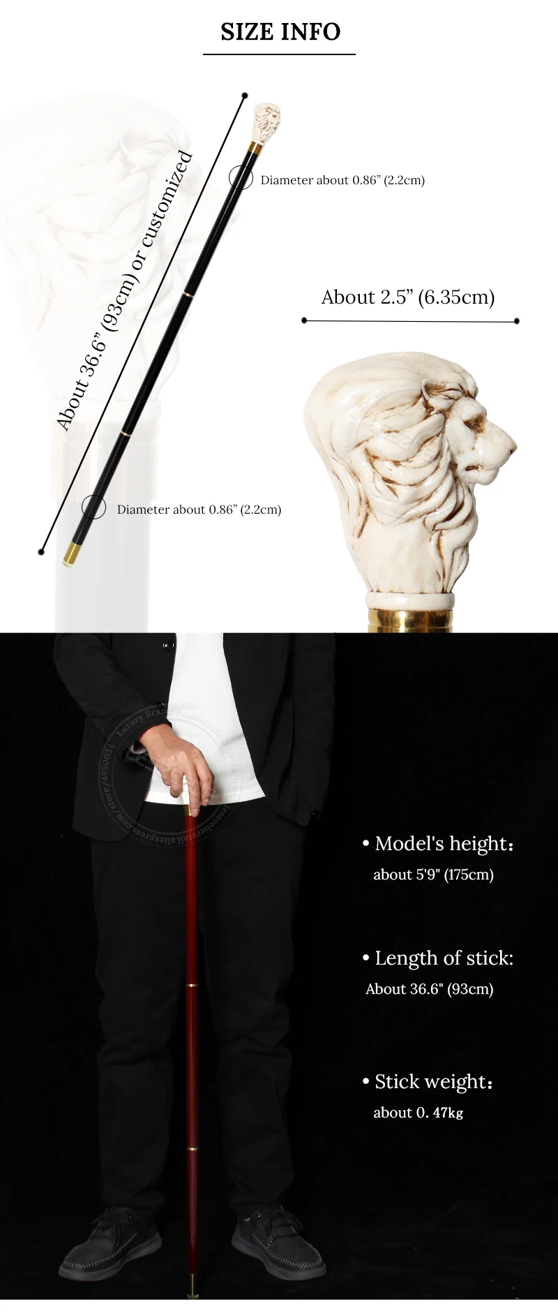 93cm Lion-Head Resin Walking Stick Detachable German Beech Wooden Canes Men Women Fashionable Party Decorative Walking Sticks