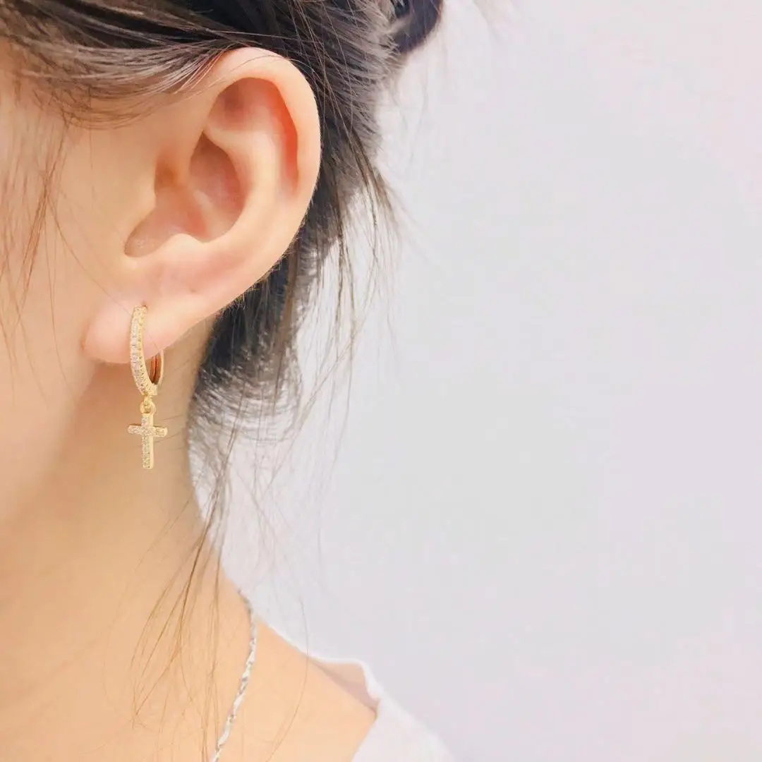 Cross Ear Buckle Earrings Shiny Cubic Crystal Gold Color Hoop Earrings for Women Korean Wedding Jewelery