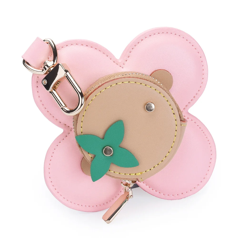 Floral Leather Coin Purse | Handmade Genuine Leather Bag Charm & Keychain | Unique Zippered Pouch with Decorative Grommets