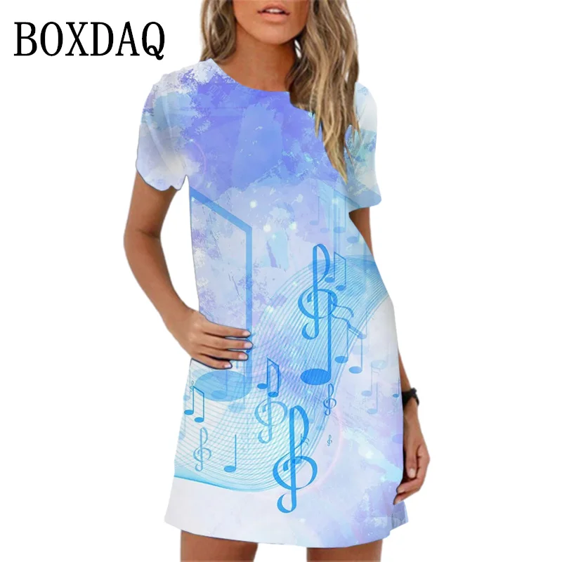 Summer Women Dress 3D Music Notes Patterns Print Mini Dress Streetwear Clothing Casual Short Sleeve Girls Woman Dress
