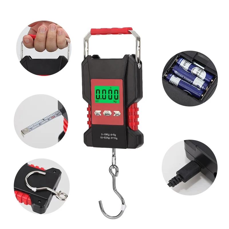 50KG Portable Waterproof Fishing Scale Hunting Luggage Home Weighing 1.5M Tape Digital Recharged Hanging Hook Scales Backlight