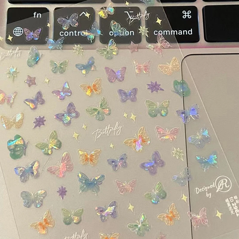 1/5 Blatt modische Schmetterlingsflügel-Streamer-Laseraufkleber, fortschrittliche geprägte Nagelkunstaufkleber, bunte Schmetterlings-Feen-Aufkleber – Detail 4
