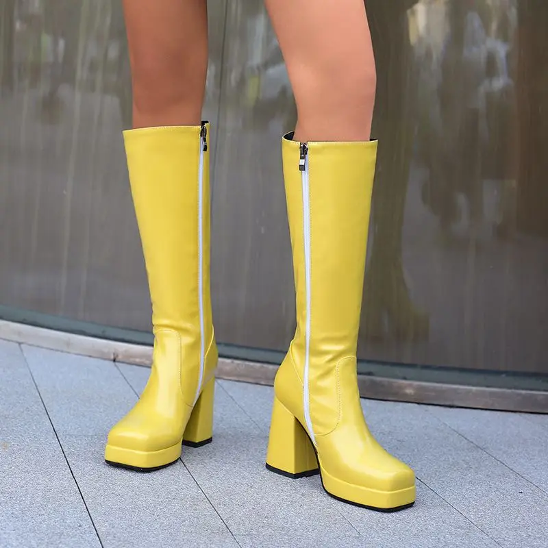 SIMLOVEYO Women Knee High Boots Toe Block Heels 10cm