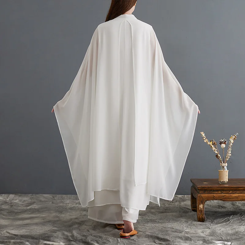 Ethnic Style Retro Tea Clothes Women Spring Autumn Fairy Zen Dance Clothes White Yoga Tai Chi Dress Two-piece Suit