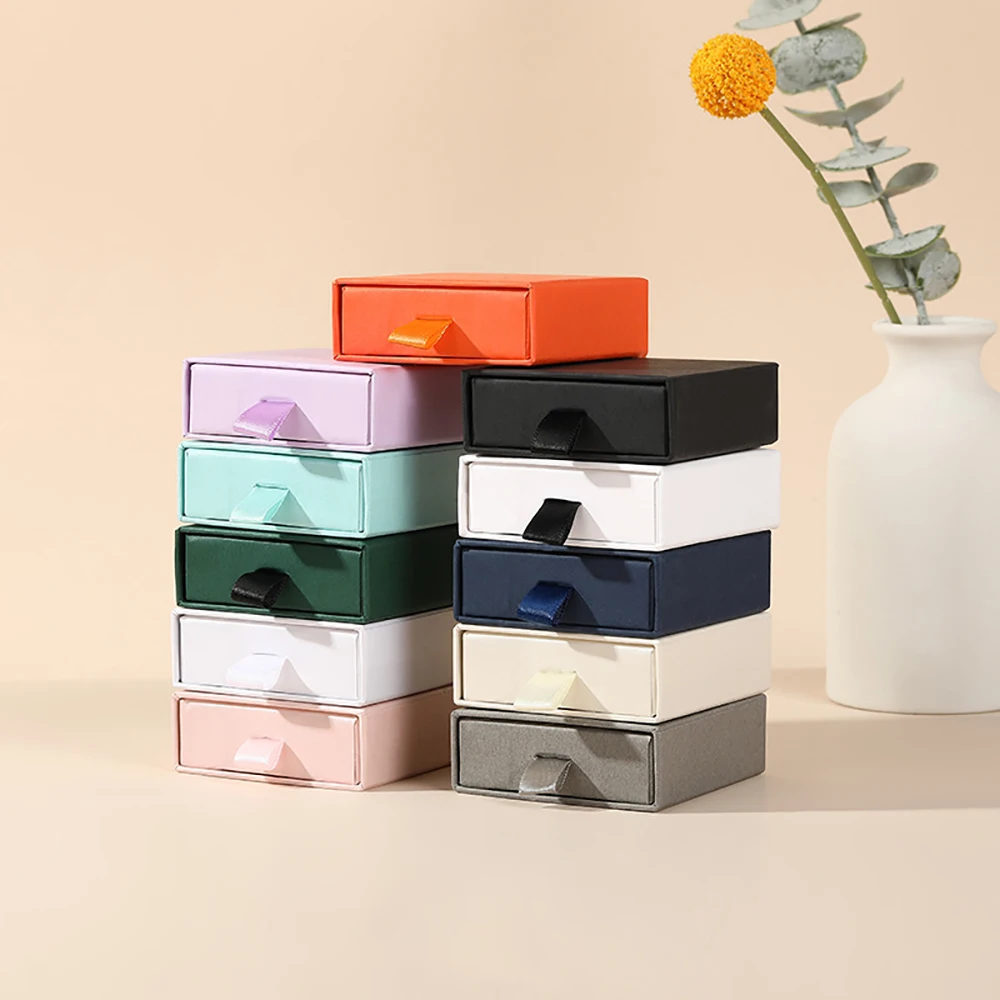 7x7x2.5cm Grey Beige Cardboard Paper Gift Packing Sliding Luxury Jewelry Drawer Earring Rings Packaging Box With Ribbon Sponge