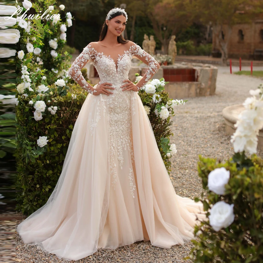 2 in 1 wedding dress Zhuri Luxury beading 2 in 1 long sleeve Wedding Dress – D&D Clothing main image 1