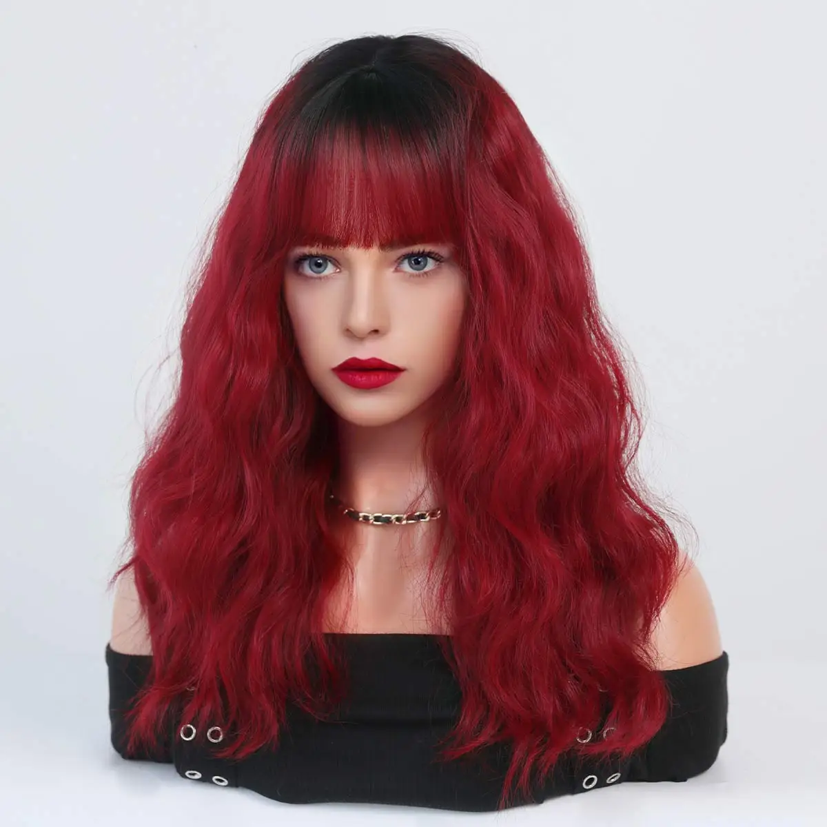 NAMM Synthetic Wig for Women with Bangs Halloween Cosplay Wig Water Wave Wine Red Hair Natural Heat Resistant Hair Wavy Wigs