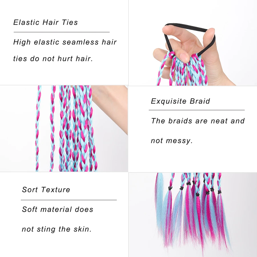 Extension per coda di cavallo intrecciata sintetica arcobaleno per donna, parrucchino intrecciato colorato con fascia elastica, capelli per cosplay di Halloween - immagine 3