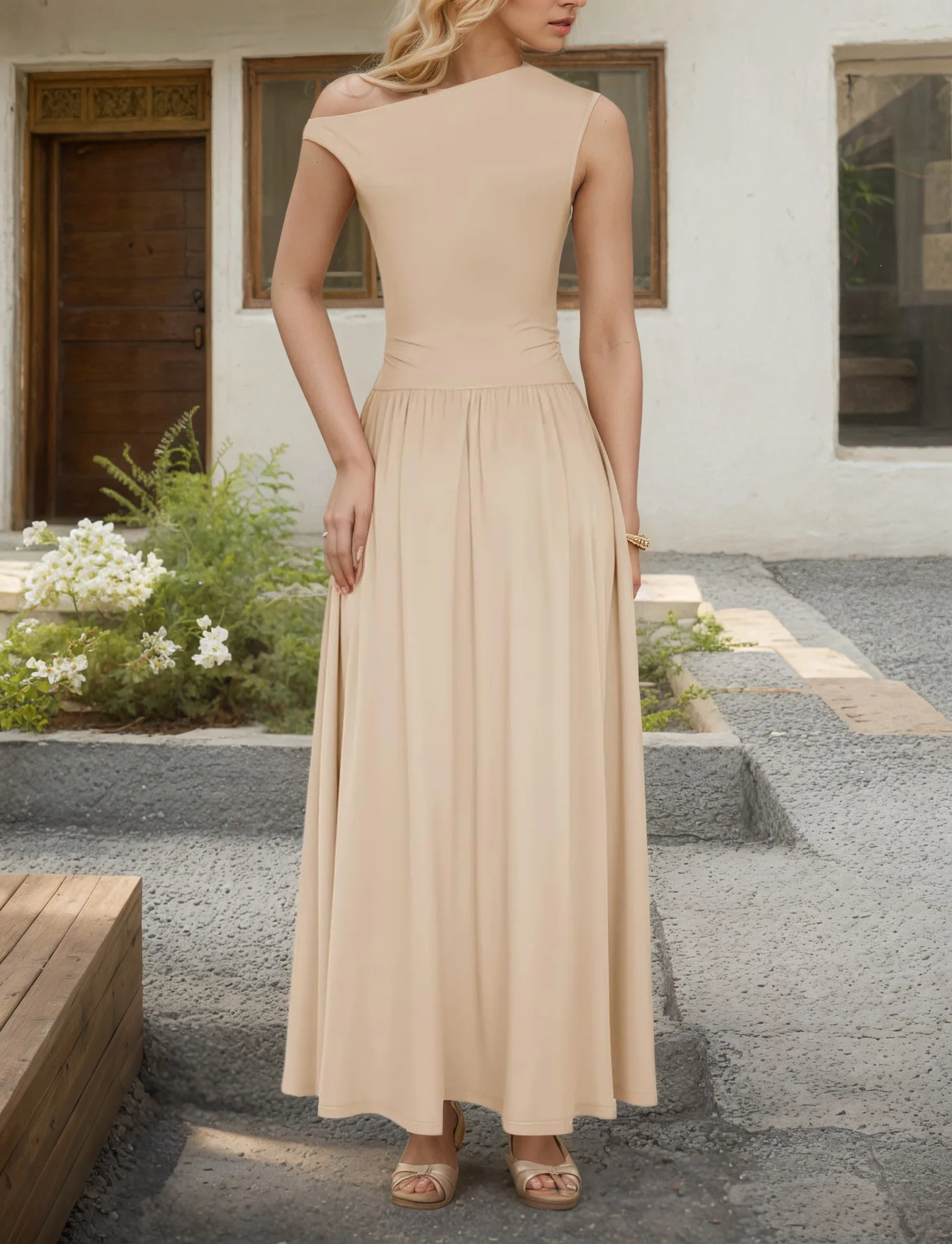 Ladies' Sloping Shoulder Pocket Dress 2025 Summer New Style Temperament Slim Fit Sleeveless Solid Color Long Skirt A-line Skirt