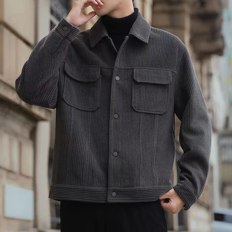 

Trendy Solid Slim Long Sleeve Shirt Men Clothing Casual Lapel Collar Buttoned Coats 2024 Spring Fall Men's Corduroy Outwear