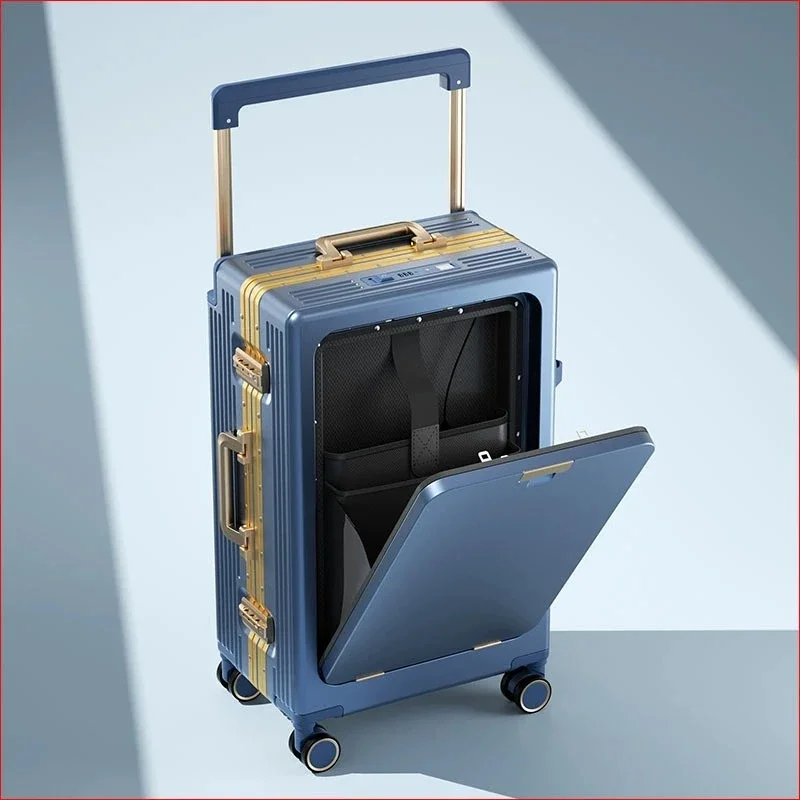 와이드 핸들 롤링 수하물 패션 여행 가방, 전면 개방 트렁크, 알루미늄 프레임 탑승 가방, 다기능 수하물