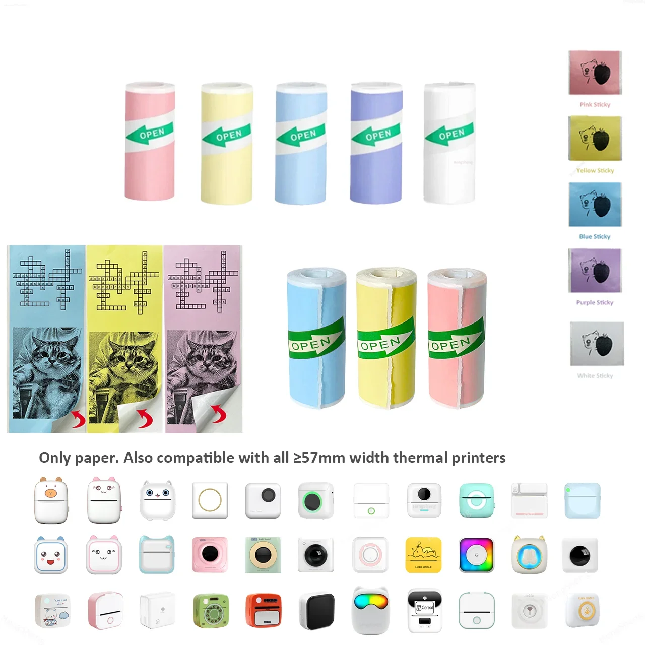 8Rolls Color Sticker Thermal Printer Rolling Paper Camera Refill For Photo Journal Notes Memo For Contract Meeting Minutes