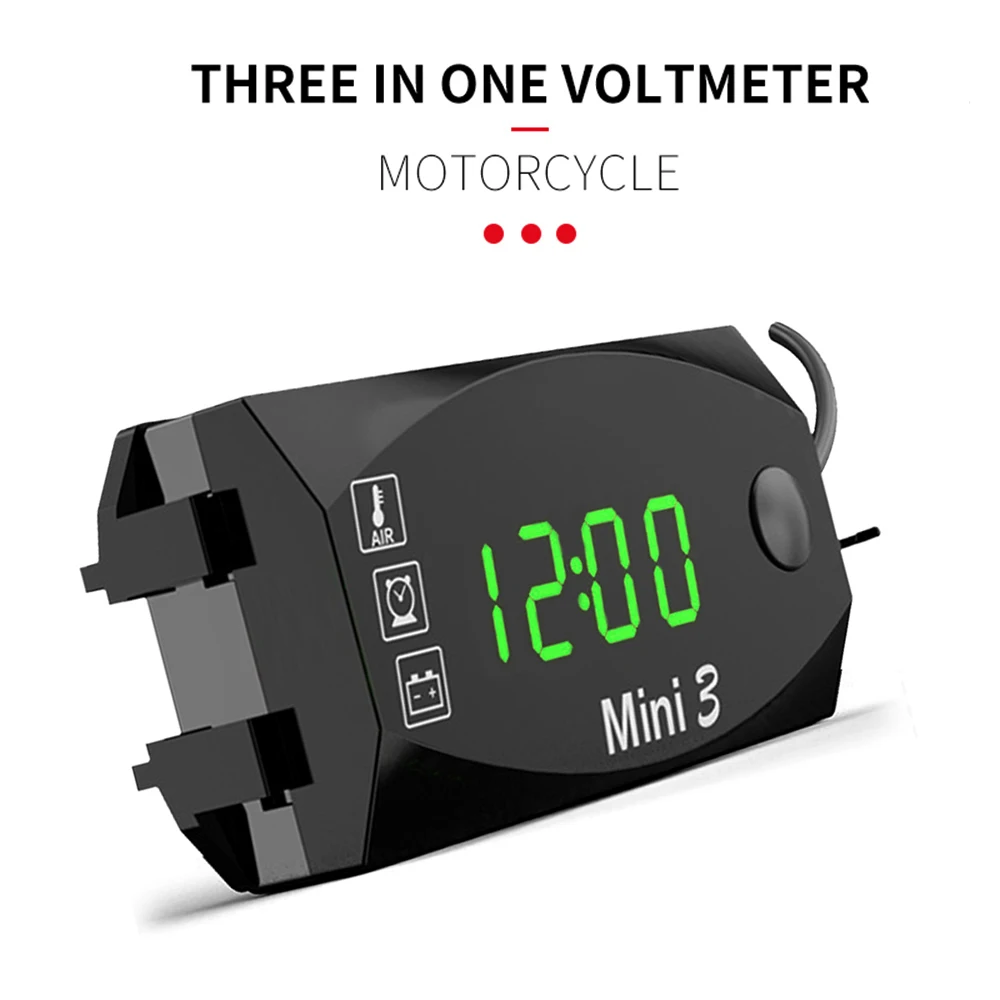 Motorcycle DC 6V-30V 3 In 1 Digital Time Clock Thermometer Voltmeter IP67 Waterproof Tester Battery Moniter Gauge for Car Boat