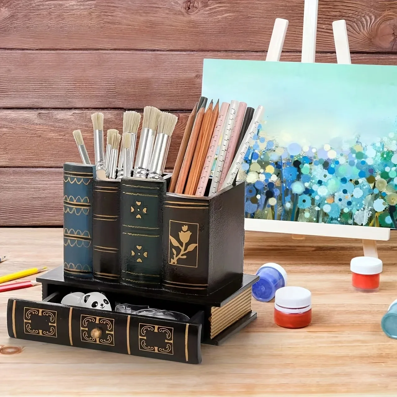 Decorative Pen Holder with Storage Drawer, Wooden Pencil Holder and Organizer,Countertop, for Desk,Table