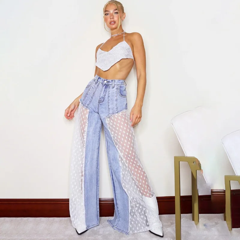 Boyfriend Jeans Perspective Mesh Splice Street Pants Vintage High Waist Jeans Women's Loose Wide Leg Dropped Flare Pants 2023 kbq streewear spliced mesh flare jeans