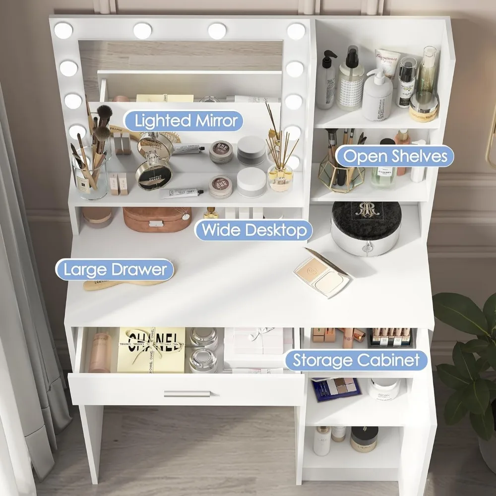 Vanity Desk with Mirror & Light, Large Drawer & Three Level Storage Dresser, 3 Lighting Modes Adjustable Brightness