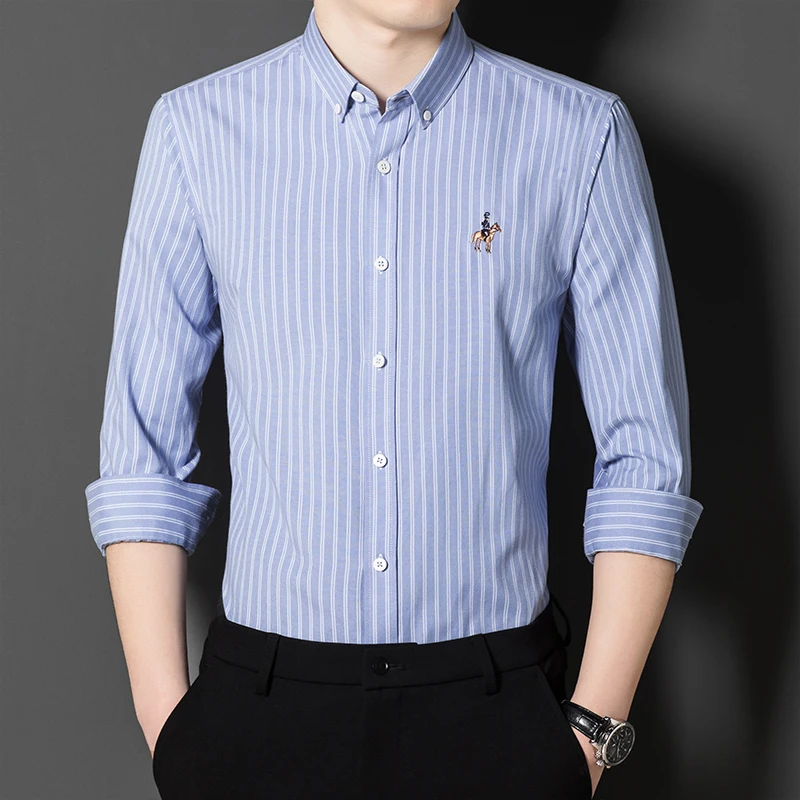 Men's 100% Cotton Oxford Striped Shirt Tops Casual Long Sleeve Shirt Embroidery Regular-fit Button-down Collar Thick Work Shirts