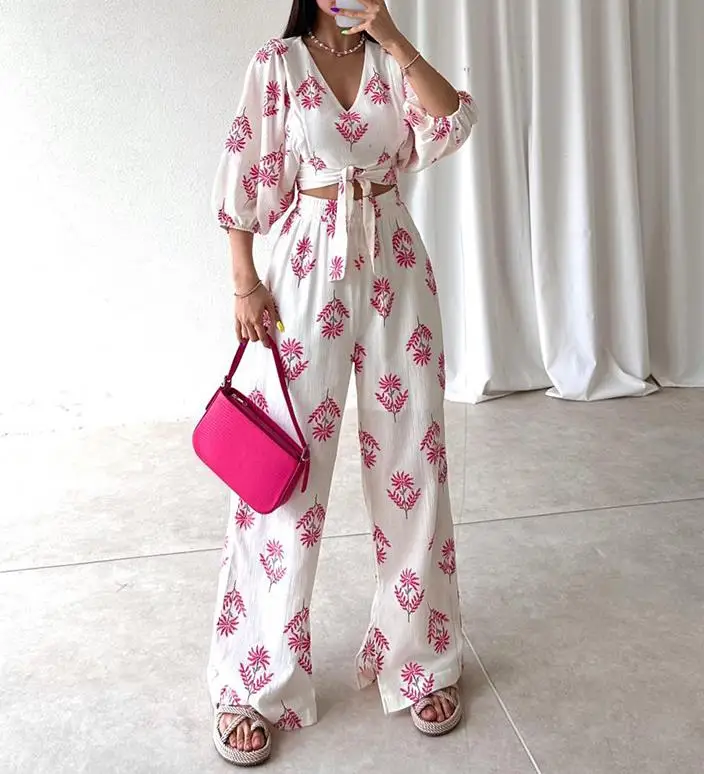 Long Pants Straps Printing Polyester Fresh and Sweet Pant Set for Women Bubble Sleeves 7/4 Sleeves Temperament Commuting