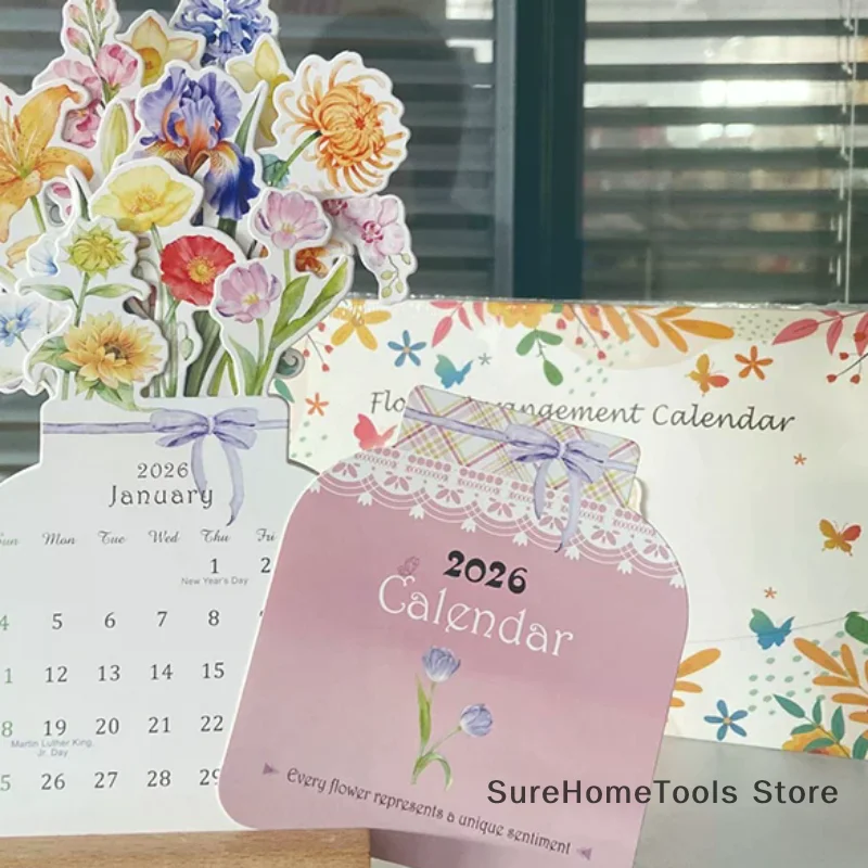 Environmentally Friendly Paper Flower Desktop Calendar Wooden Stand Calendar Cute Exquisite Decorative Ornament Natural Wood