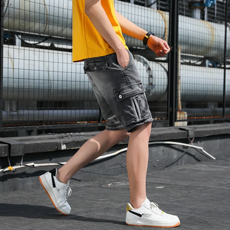 

Shorts Denim Men's Summer 100% Cotton Casual Shorts Multi Pockets Straight Mid Waist Men Cargo Shorts Fashion Street Wear